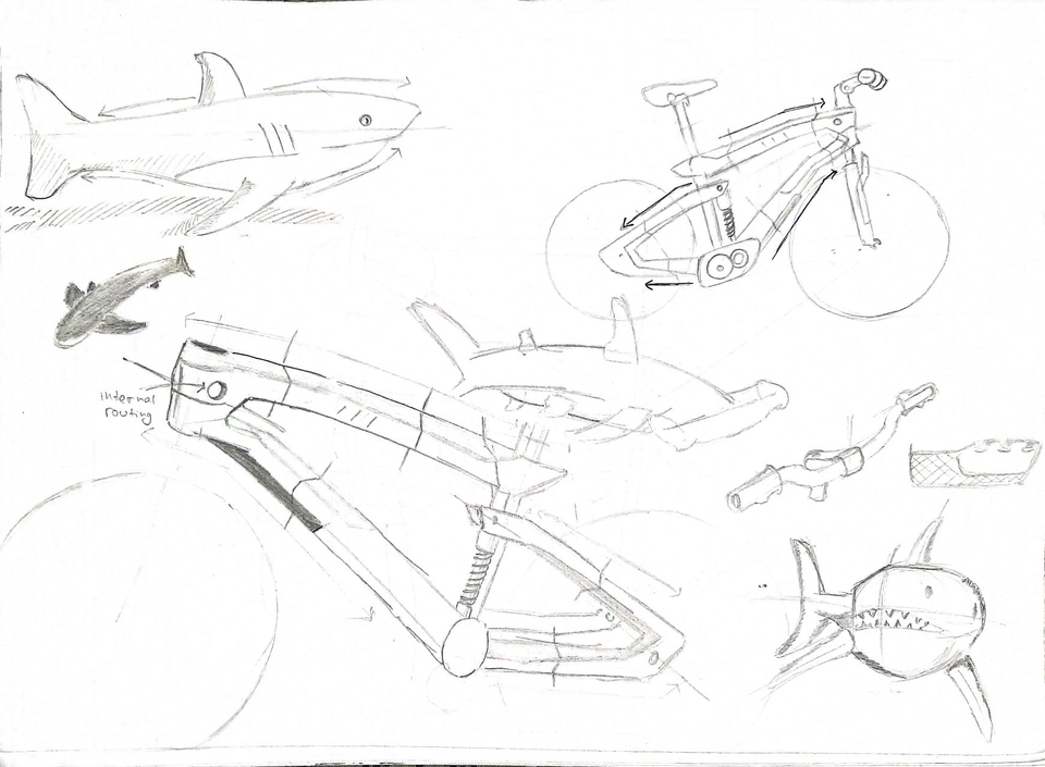 Ilustrasi sepeda motor dengan gambar ilustrasi hewan laut, ikan hiu dan sketsa ilustrasi makanan