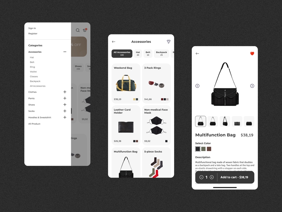 Desain UI UX aplikasi mobile untuk e-commerce dengan fitur shopping cart, checkout, dan review produk.