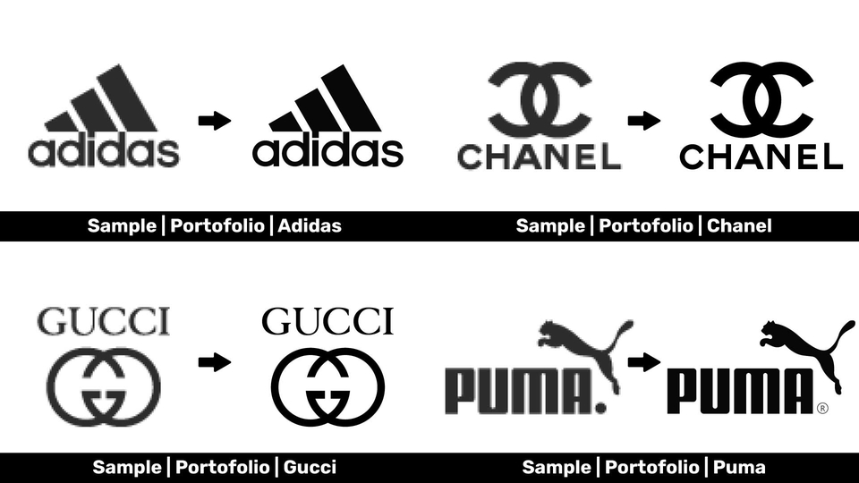 Contoh ilustrasi logo brand ternama seperti Adidas, Chanel, Gucci, dan Puma, jasa ilustrasi logo, desain logo, desain grafis.