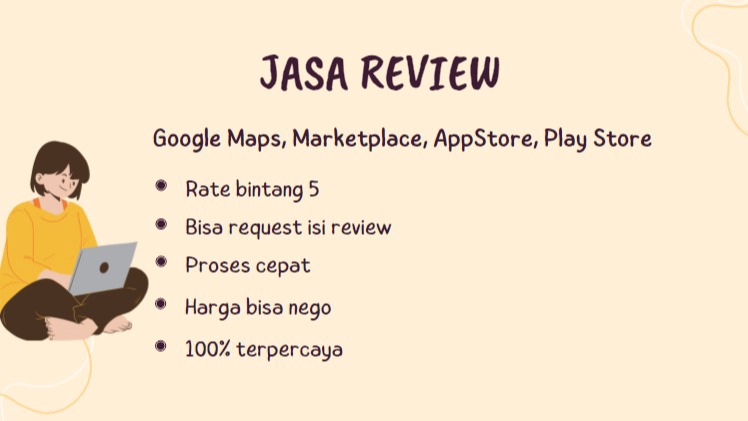 Jasa review produk online di marketplace seperti Google Maps, AppStore, Play Store, Tokopedia, dan Shopee. Layanan profesional dengan harga nego dan 100% terpercaya.