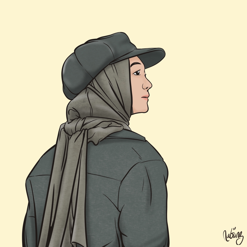 Jasa ilustrasi wanita berhijab dengan topi memakai jaket hijau