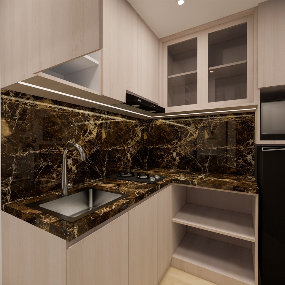 Desain Interior Dapur Minimalis Modern dengan Kitchen Set dan Lemari Kabinet