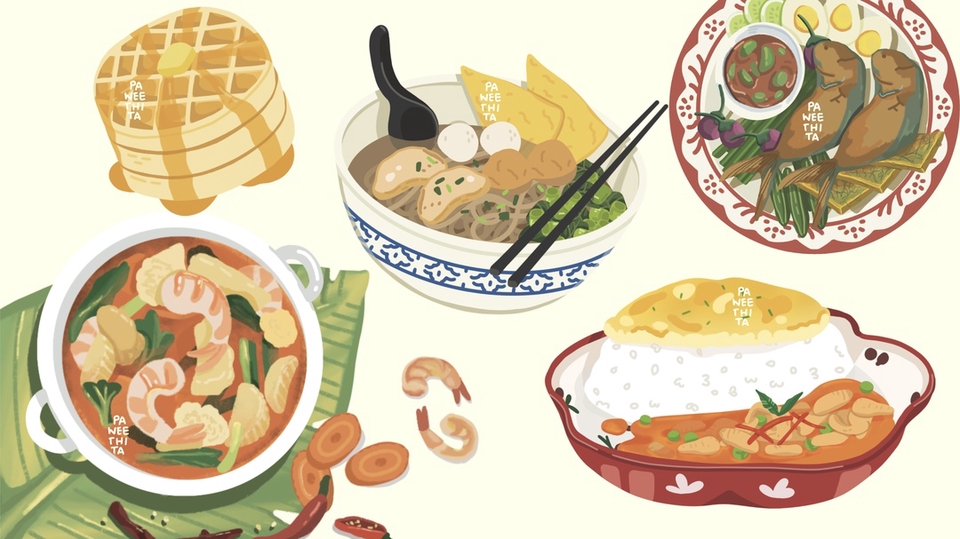 วาดภาพประกอบอาหารไทยหลากหลายเมนู ภาพวาดดิจิตอล รับวาดภาพประกอบ วาดภาพอาหาร