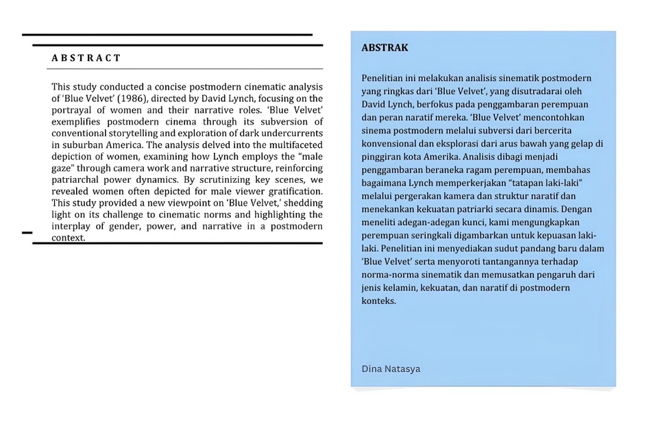 Analisis sinematik postmodern film Blue Velvet terjemahan indonesia inggris