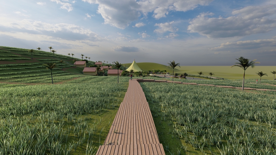 Jasa desain exterior 3D, render 3D untuk rumah minimalis modern dengan taman hijau dan kolam renang.