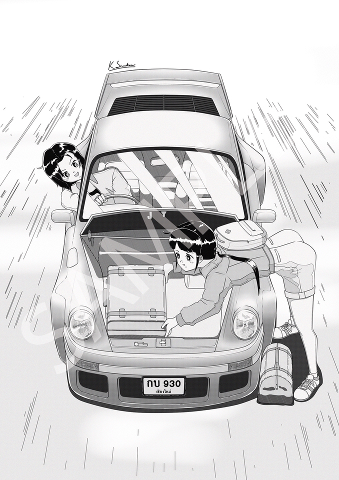 รับวาดภาพประกอบ นิทาน เกี่ยวกับสาวสองคน ที่กำลังนั่งอยู่ในรถสปอร์ต
