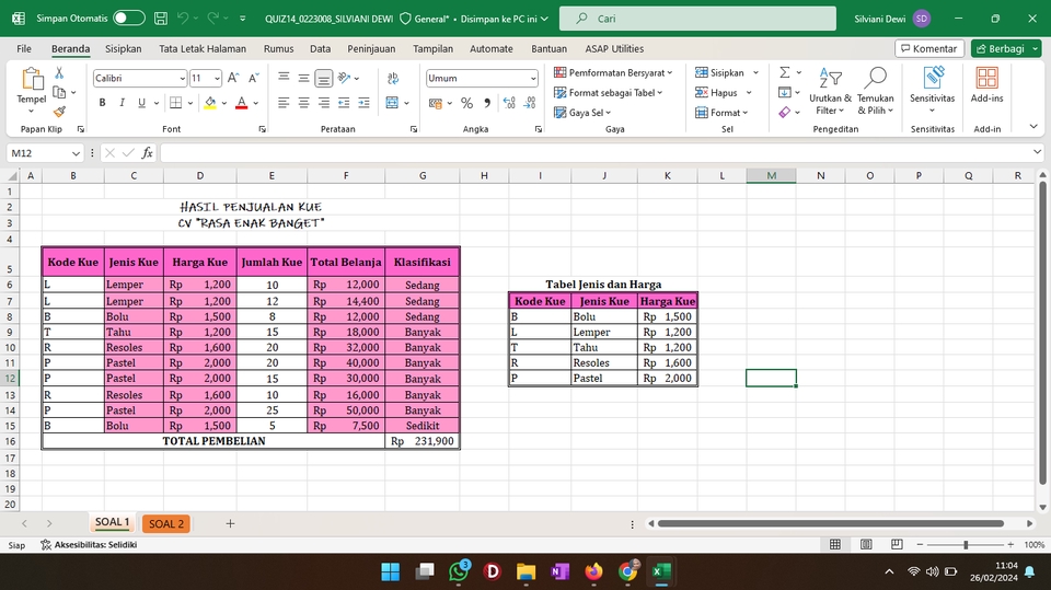 Jasa input data excel, contoh tabel data entri kue  dengan data jenis kue, harga kue, dan jumlah penjualan kue dalam format excel.