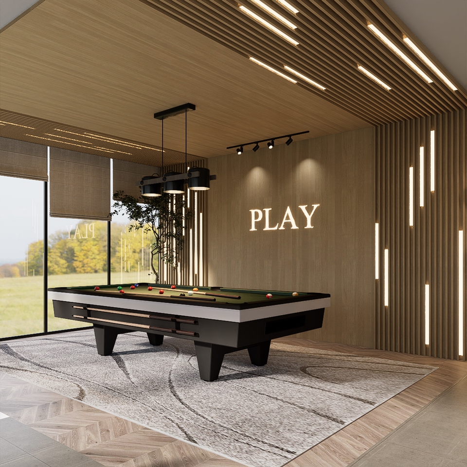 Jasa desain interior ruang billiard modern minimalis dengan desain interior ruangan dan pencahayaan yang estetis.