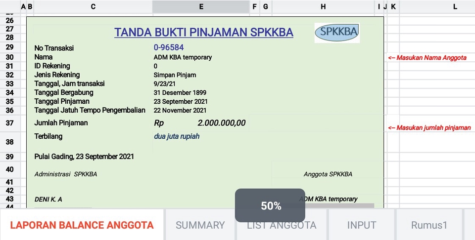 Bukti pinjaman SPPKBA dengan nominal 2.000.000 rupiah, tanggal jatuh tempo 22 November 2021, Jasa Akuntansi Freelance, Konsultan Keuangan Perusahaan.