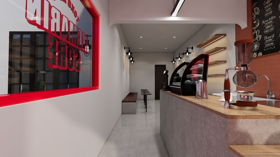 Jasa desain interior cafe minimalis dengan desain interior ruang kopi sederhana dan unik.