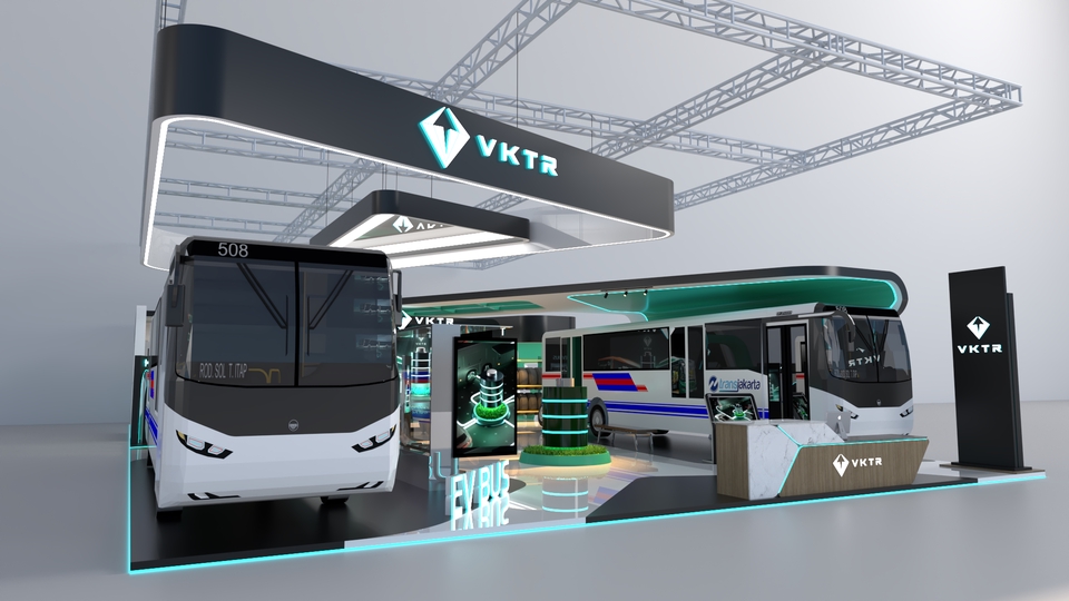 Jasa desain booth pameran 3D untuk perusahaan VKTR dengan desain minimalis dan modern.