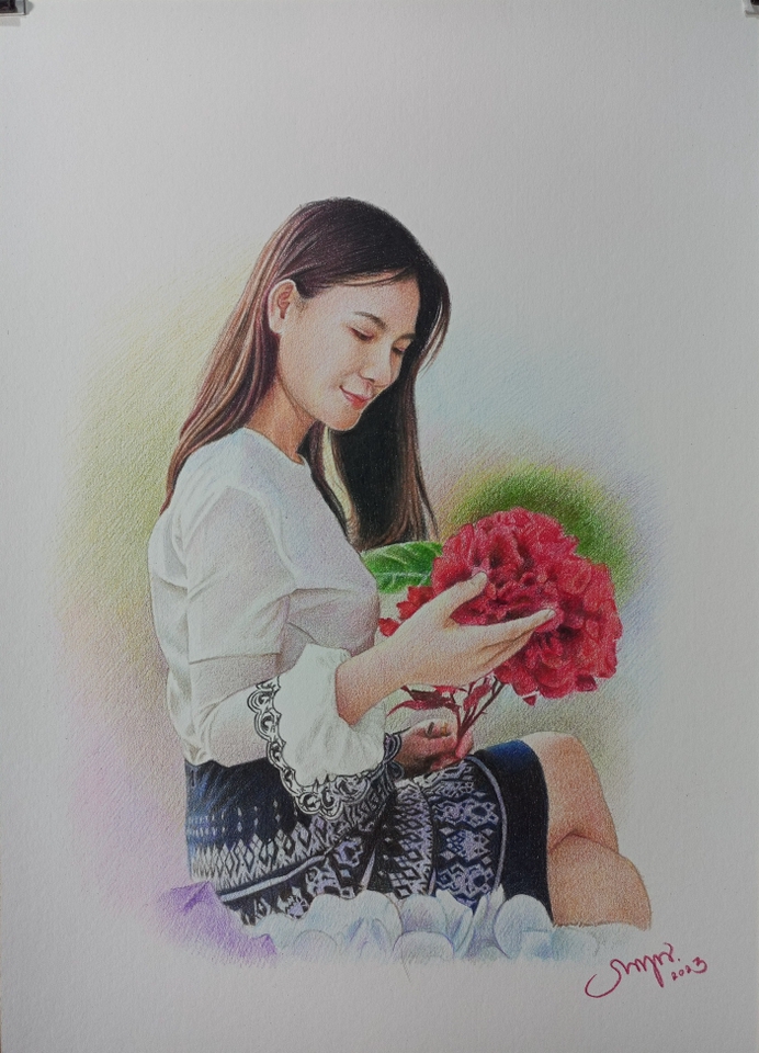 วาดภาพเหมือน Portrait - วาดภาพสีไม้ - ลายเส้นขาวดำ - 18