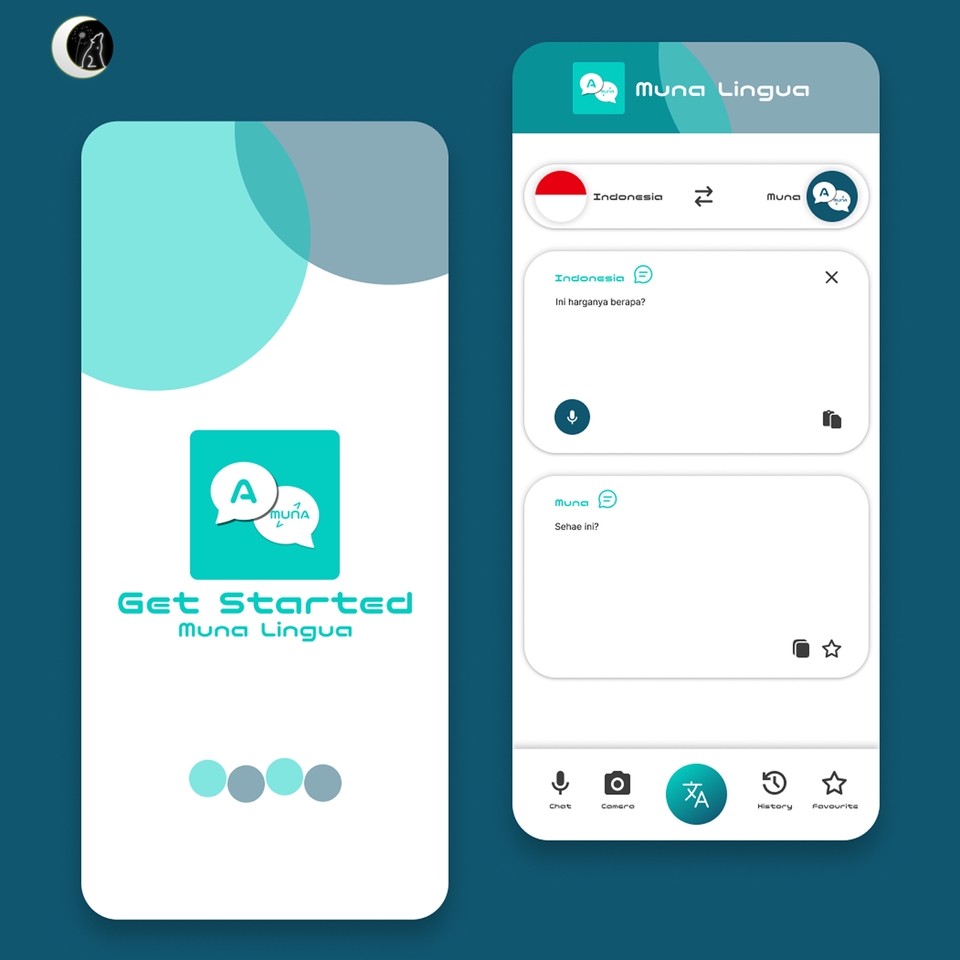 Desain antarmuka aplikasi mobile dengan tema biru dan hijau untuk aplikasi penerjemah bahasa.