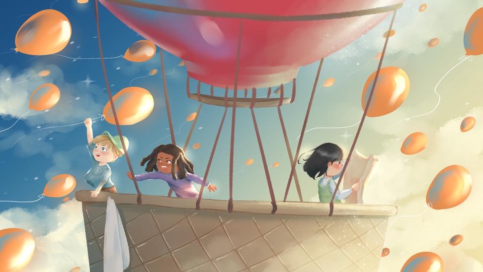 Ilustrasi anak-anak menaiki balon udara dengan latar belakang langit biru dan awan putih.