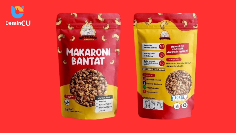 Desain kemasan unik makaroni banatat dengan desain label makanan dan kotak makanan.