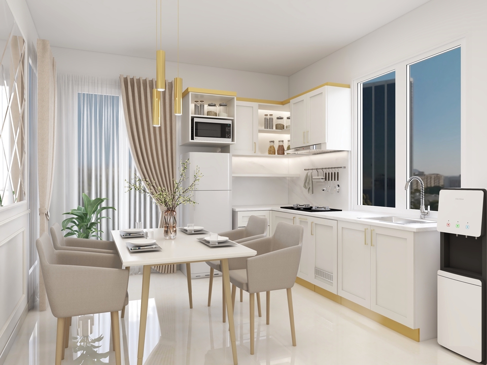 Jasa desain interior rumah minimalis dengan kitchen set modern dan desain lighting yang menarik.