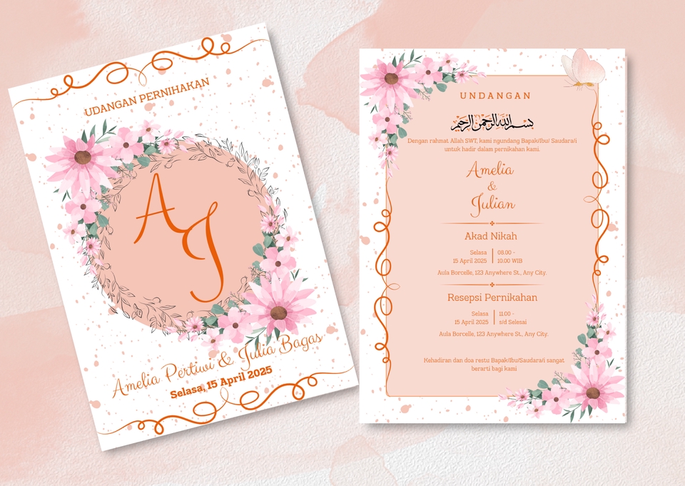 Kartu undangan pernikahan Amelia dan Julian dengan desain unik dan elegan.