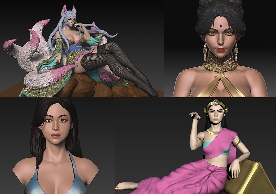 รับปั้นโมเดล 3d หญิงสาว แต่งตัวเป็นสไตล์ญี่ปุ่น ในชุดสีฟ้า มีหางจิ้งจอก และนั่งอยู่บนก้อนหิน 3d model 3d character 3d model ตัวละคร