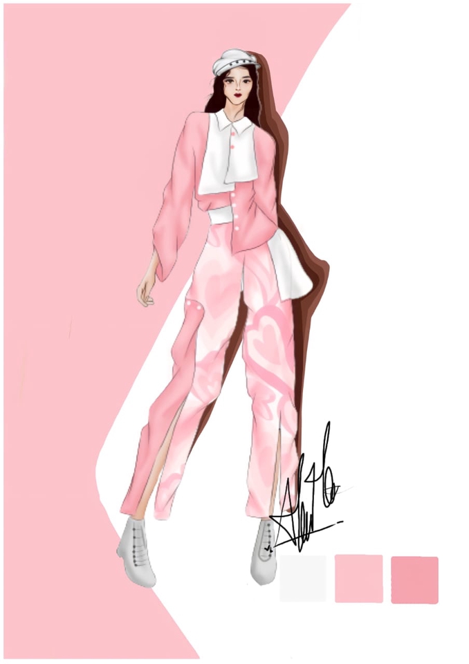 Desain model baju wanita dengan motif abstrak berwarna pink dan topi putih.