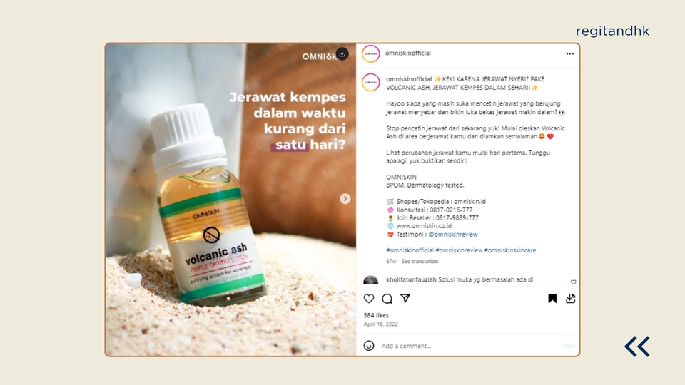 Jasa pembuatan caption ig promosi produk skincare dengan caption "Jerawat kempes dalam waktu kurang dari satu hari?" dengan menggunakan gambar produk, brand, dan informasi kontak.
