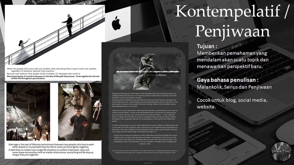 Jasa penulisan konten website dan blog, dengan gaya kontemplatif dan penuh penjiwaan.