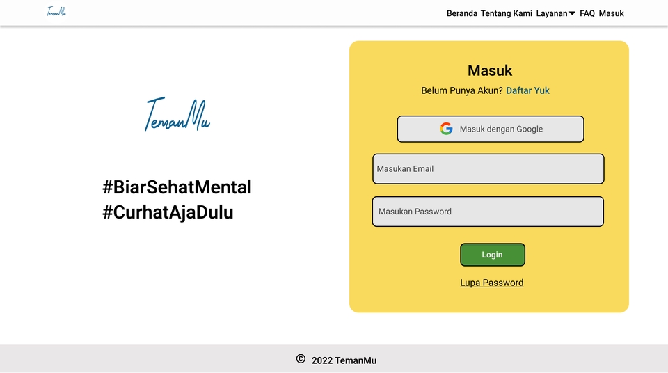 Desain UI UX login halaman website dengan Google Login, Masukkan Email dan Password, serta Lupa Password