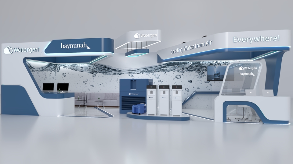 Desain booth pameran minimalis dengan konsep air dan elemen air untuk jasa desain interior dan exterior 3D.