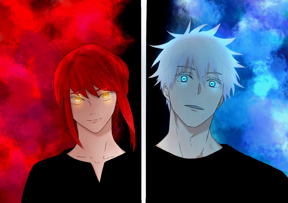 รับวาดการ์ตูน ภาพวาดอนิเมะสองตัวละคร ชายผมขาว ดวงตาสีฟ้า และหญิงผมแดง ดวงตาสีเหลือง สไตล์ภาพวาดการ์ตูนญี่ปุ่น รับวาดรูปอนิเมะสวยๆ วาดรูปการ์ตูน รับวาดอนิเมะหญิงชาย รับวาดการ์ตูนน่ารัก รับวาดรูปเหมือนการ์ตูน
