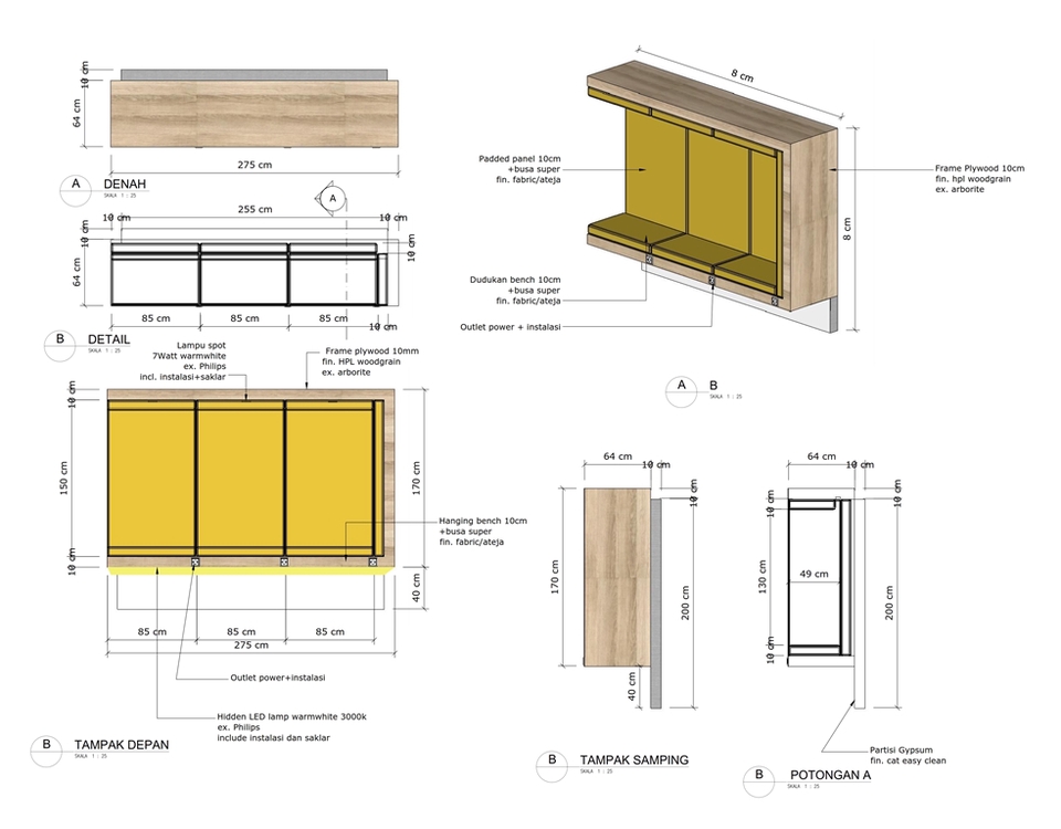 Desain Furniture - 2d Furniture Interior Gambar Kerja - Rumah, Cafe, Klinik, dll - 2