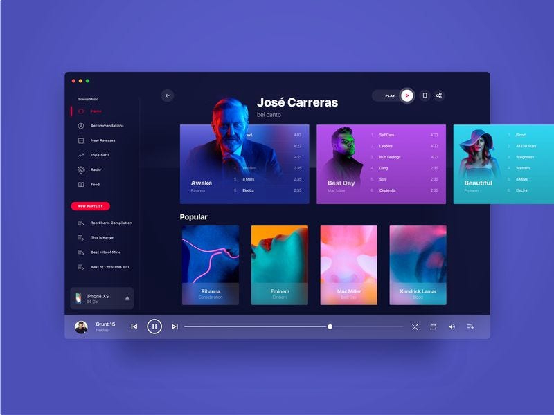 Desain aplikasi musik dengan antarmuka pengguna yang bersih dan modern.