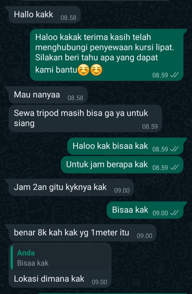 Jasa admin online shop, chatting dengan klien tentang detail sewa tripod.