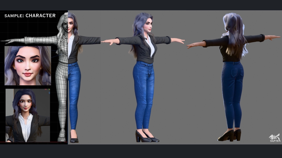 Model 3D wanita dengan pakaian kasual untuk desain karakter game atau animasi.