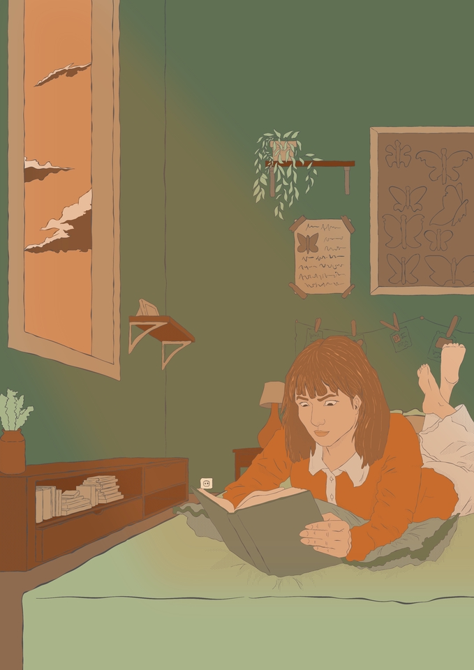 Ilustrasi seorang perempuan sedang membaca buku di atas tempat tidur, ilustrasi gaya kartun dengan warna pastel