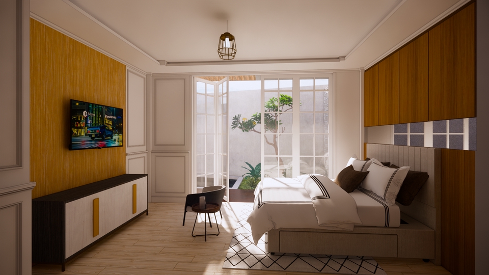 Jasa desain interior rumah minimalis modern dengan konsep terbuka dan taman hijau di samping ruang tamu, cocok untuk anda yang mencari desainer interior freelance di Indonesia.