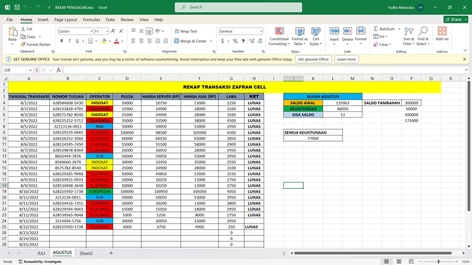 Jasa data entry excel untuk entri data transaksi keuangan, menampilkan tabel data rekap transaksi dengan detail tanggal, nomor, operator, pulsa, harga server, harga jual, dan keuntungan.