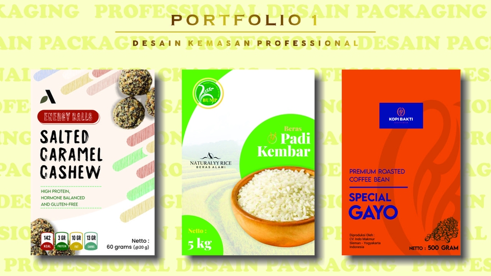 Jasa desain kemasan produk makanan dengan desain kemasan unik, termasuk desain label makanan, desain stiker makanan, dan desain kemasan plastik unik untuk makanan seperti keripik, kue, dan nasi kotak.