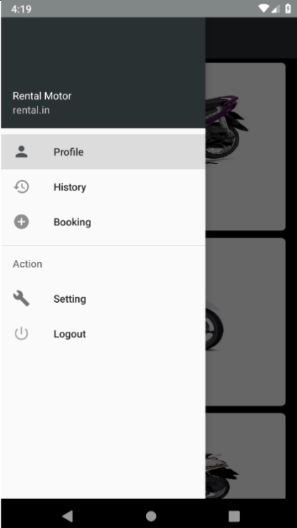 Jasa pembuatan aplikasi mobile dengan interface pengguna untuk booking dan manajemen rental motor.
