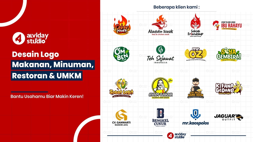 Jasa desain logo profesional untuk makanan, minuman, restoran, dan UKM. Buat logo online, harga terjangkau, dan hasil keren.