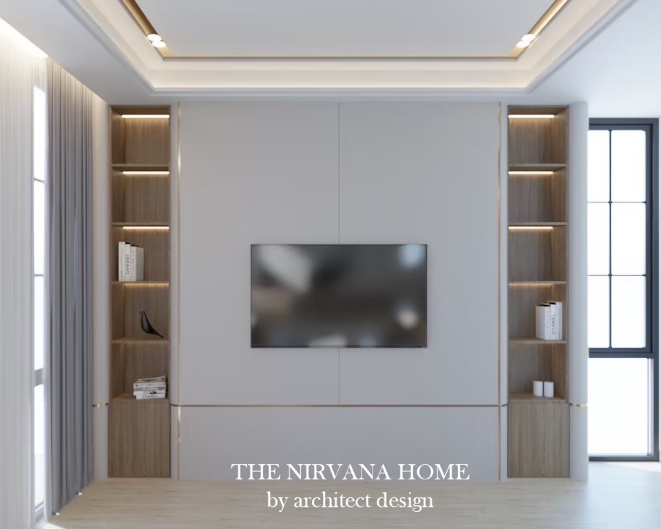 ออกแบบตกแต่งห้องนั่งเล่นภายในบ้าน สไตล์โมเดิร์น พร้อมตู้ทีวี และชั้นวางของ