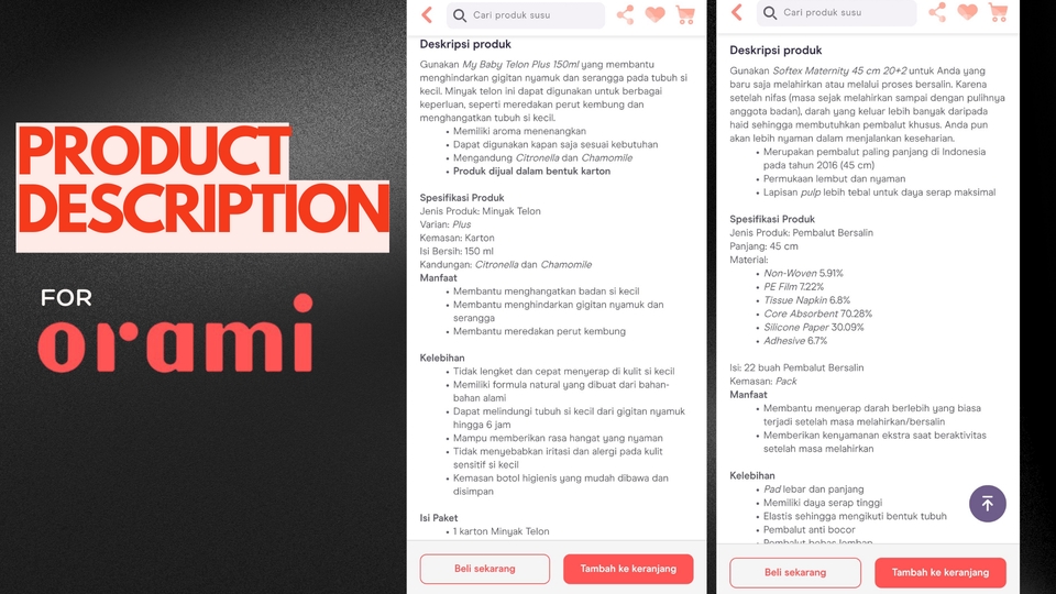 Jasa copywriting deskripsi produk orami untuk website toko online.