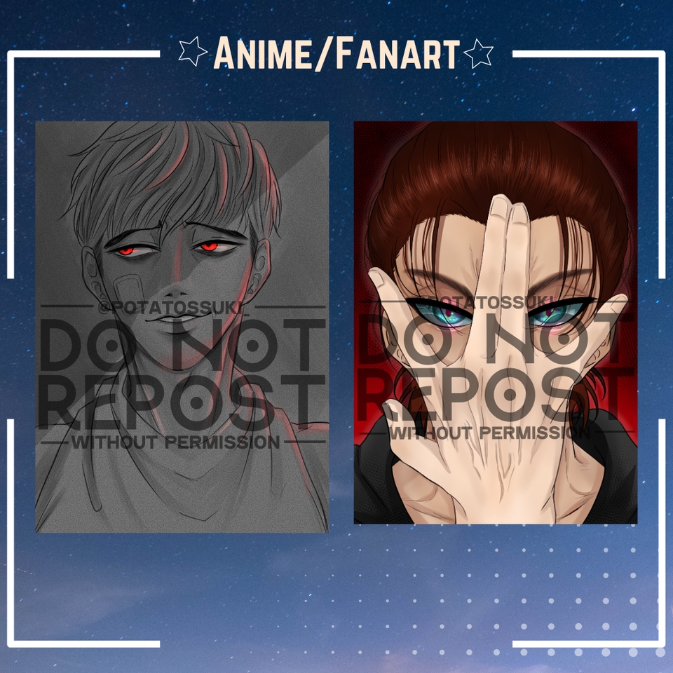 Ilustrasi anime dengan karakter pria berambut putih dan karakter pria berambut coklat.