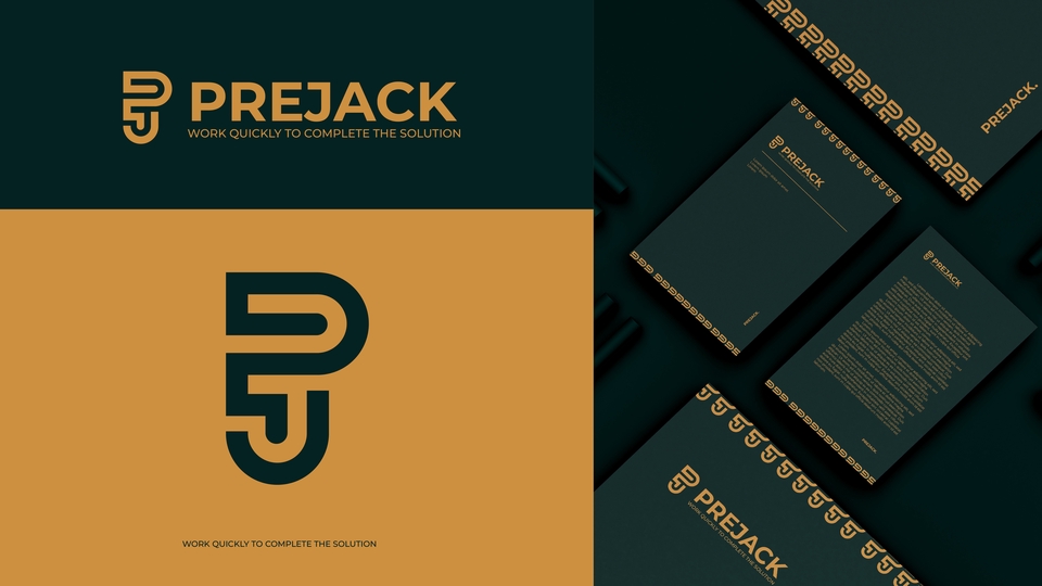 Desain logo PJ, Prejack - Logo untuk bisnis dengan tagline "Work Quickly to Complete The Solution". Jasa desain logo profesional dan cepat.
