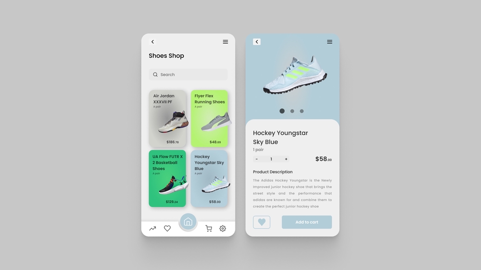 Desain UI UX mobile aplikasi toko sepatu dengan tampilan katalog produk sepatu.