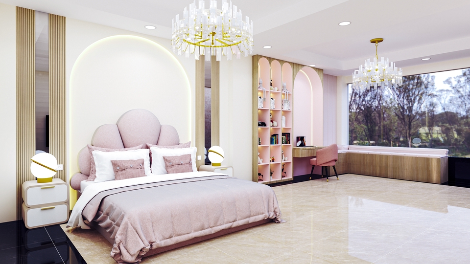 Desain interior kamar tidur minimalis modern dengan nuansa pink dan dekorasi lampu gantung