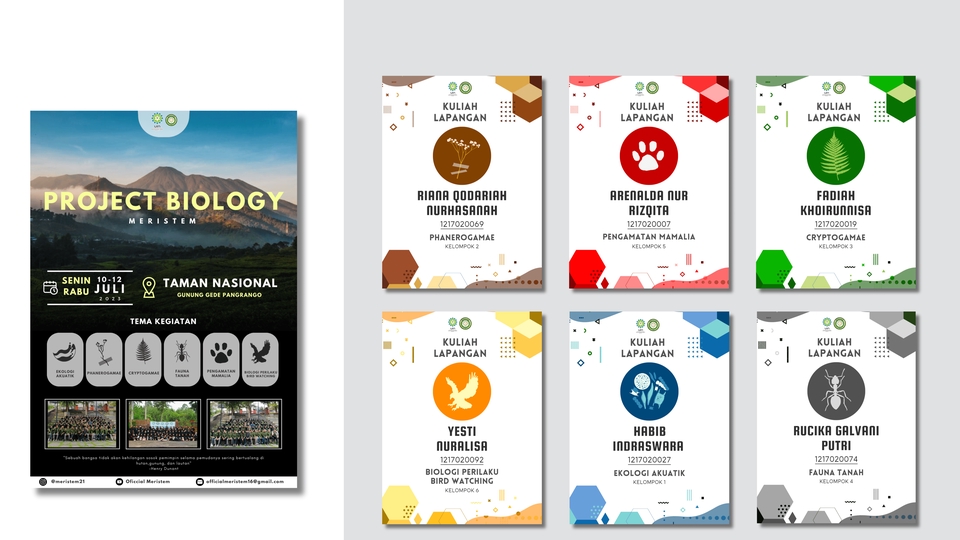 Contoh desain infografis Project Biologi dengan tema taman nasional dan kuliah lapangan di berbagai wilayah di Indonesia.