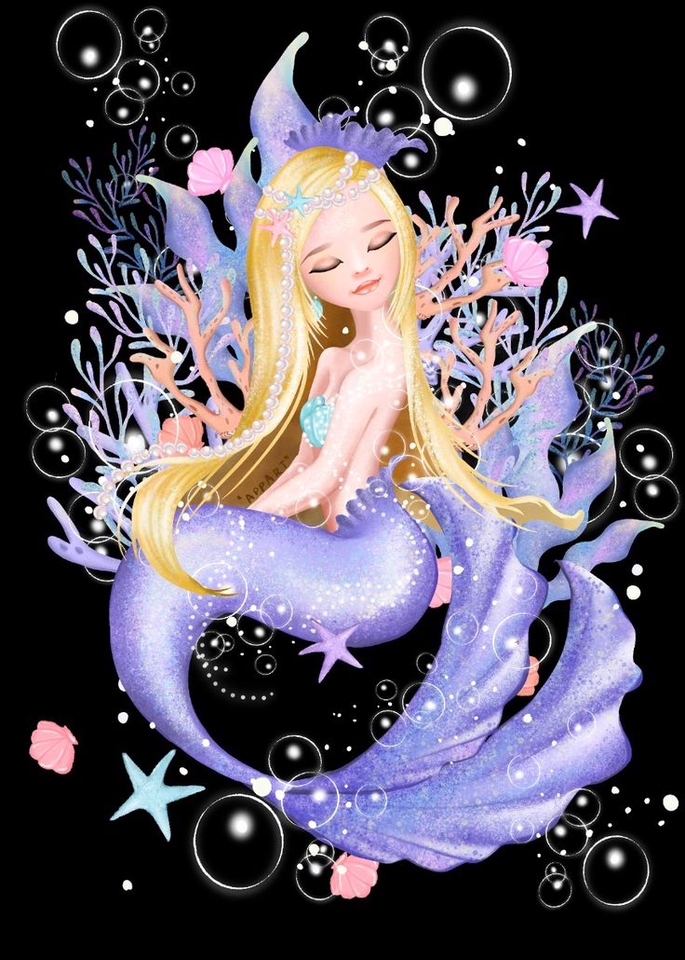 ออกแบบตัวละครแฟนตาซีเจ้าหญิงเงือก ผมบลอนด์ สีม่วง