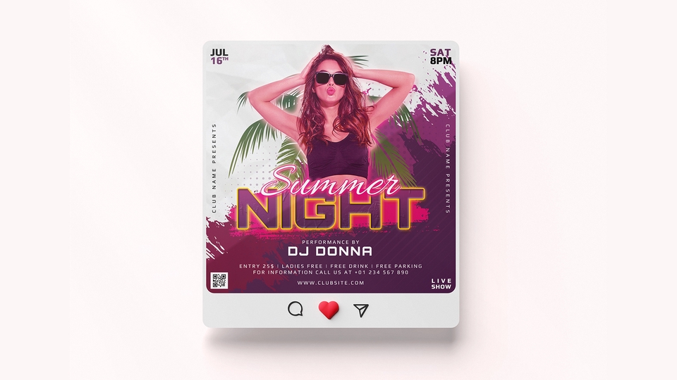Desain flyer pesta musim panas dengan tema Summer Night, DJ Donna, menampilkan model perempuan dengan kacamata hitam dan pakaian musim panas.