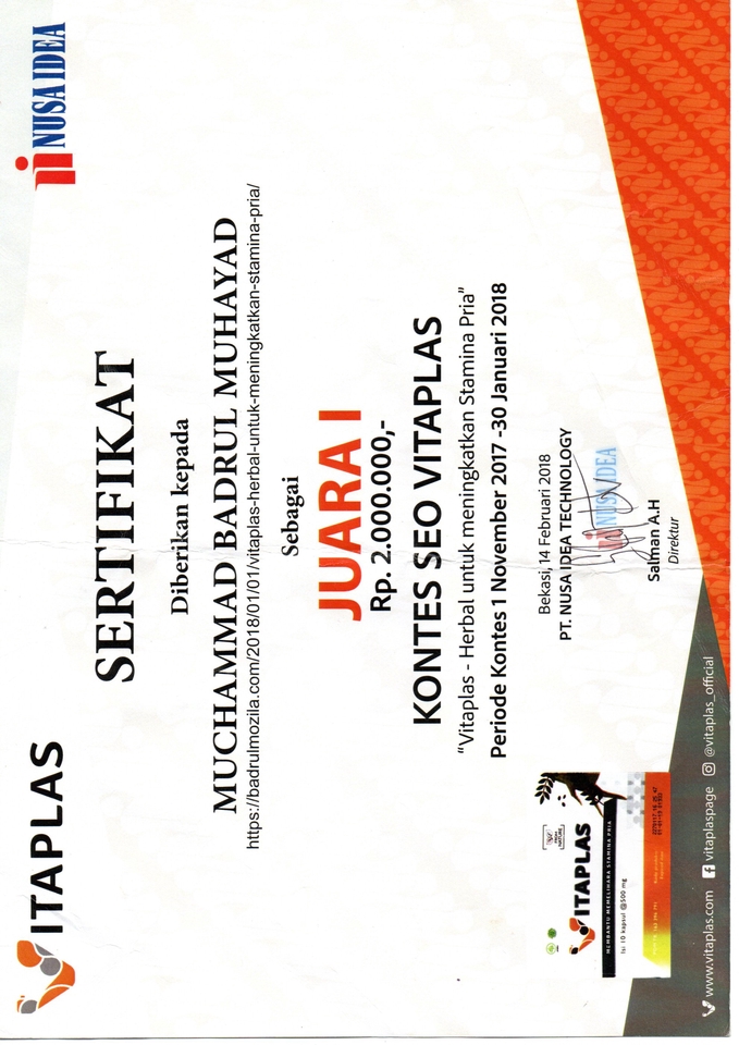 Sertifikat Juara Kontes SEO Vitaplas Rp 2.000.000 - Jasa SEO Murah - SEO Website - Jasa Optimasi SEO - Jasa SEO - Konsultan SEO - Jasa SEO Terpercaya - Konsultan SEO Terpercaya - Konsultan SEO Murah - Harga Jasa SEO - Bisnis SEO - Jasa SEO Terbaik - Harga SEO - Jasa SEO Wordpress - Jasa SEO Toko Online - Jasa SEO - Jasa Audit SEO - Jasa Riset Keyword - Jasa Riset Keyword Murah - Jasa SEO Bergaransi - Jasa SEO - Konsultan SEO - Jasa Konsultasi SEO - Jasa Backlink - Jasa Backlink Murah - Jasa Backlink PBN - Jasa Backlink Berkualitas - Jasa Backlink Terpercaya