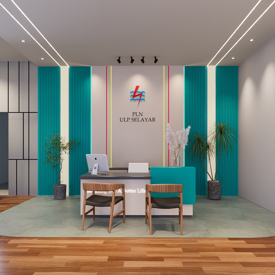 Jasa desain interior kantor minimalis PLN ULP Selayar dengan kursi dan meja kayu.