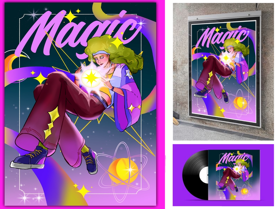 Ilustrasi kartun seorang wanita dengan warna cerah dan gaya retro memegang bola cahaya di tangannya, cocok untuk keperluan desain konten media sosial dan lainnya.